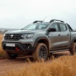 Pick-up Dacia 2026 garé sur une route de campagne européenne avec des champs de blé dorés en arrière-plan