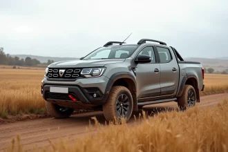 Pick-up Dacia 2026 garé sur une route de campagne européenne avec des champs de blé dorés en arrière-plan