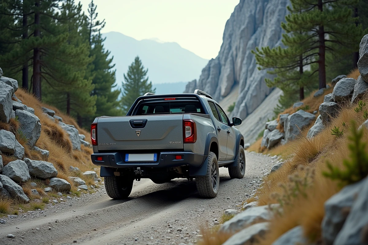 Pick-up Dacia 2026 en pleine ascension d'un sentier rocheux de montagne en Europe du Sud-Est