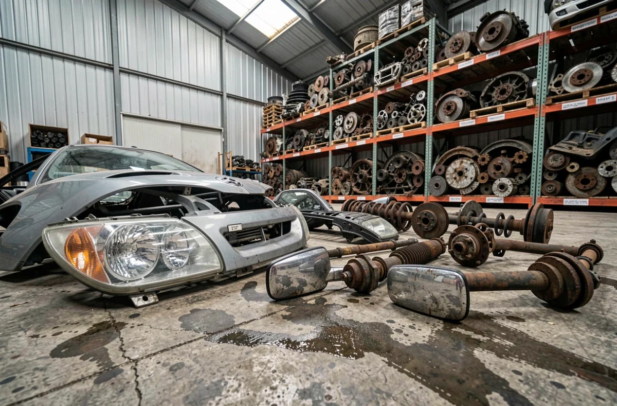 Pièces automobiles d'occasion disposées dans un entrepôt de casse auto pour réparation de véhicule sinistré