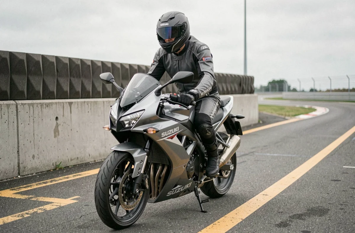 Pilote sur Suzuki GSX 750 à la sortie des stands d'un circuit attendant le départ lors d'une journée piste amateur