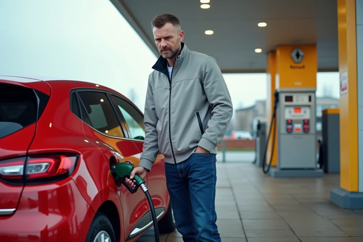 Propriétaire d'une Renault Clio 5 rouge faisant le plein avec un carburant premium à une station-service