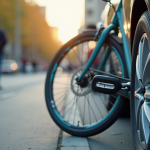 Gros plan sur un pneu de vélo à côté d'un pneu de voiture en ville
