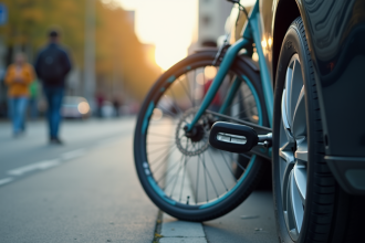 Gros plan sur un pneu de vélo à côté d'un pneu de voiture en ville