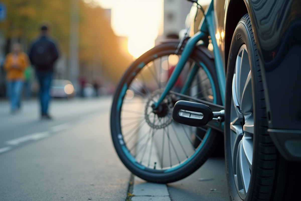 Gros plan sur un pneu de vélo à côté d'un pneu de voiture en ville