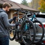 Homme fixant quatre vélos sur un porte-vélo attelage à l'arrière d'un SUV dans une allée résidentielle en automne