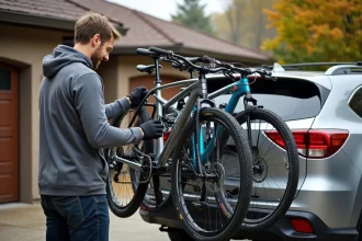 Homme fixant quatre vélos sur un porte-vélo attelage à l'arrière d'un SUV dans une allée résidentielle en automne