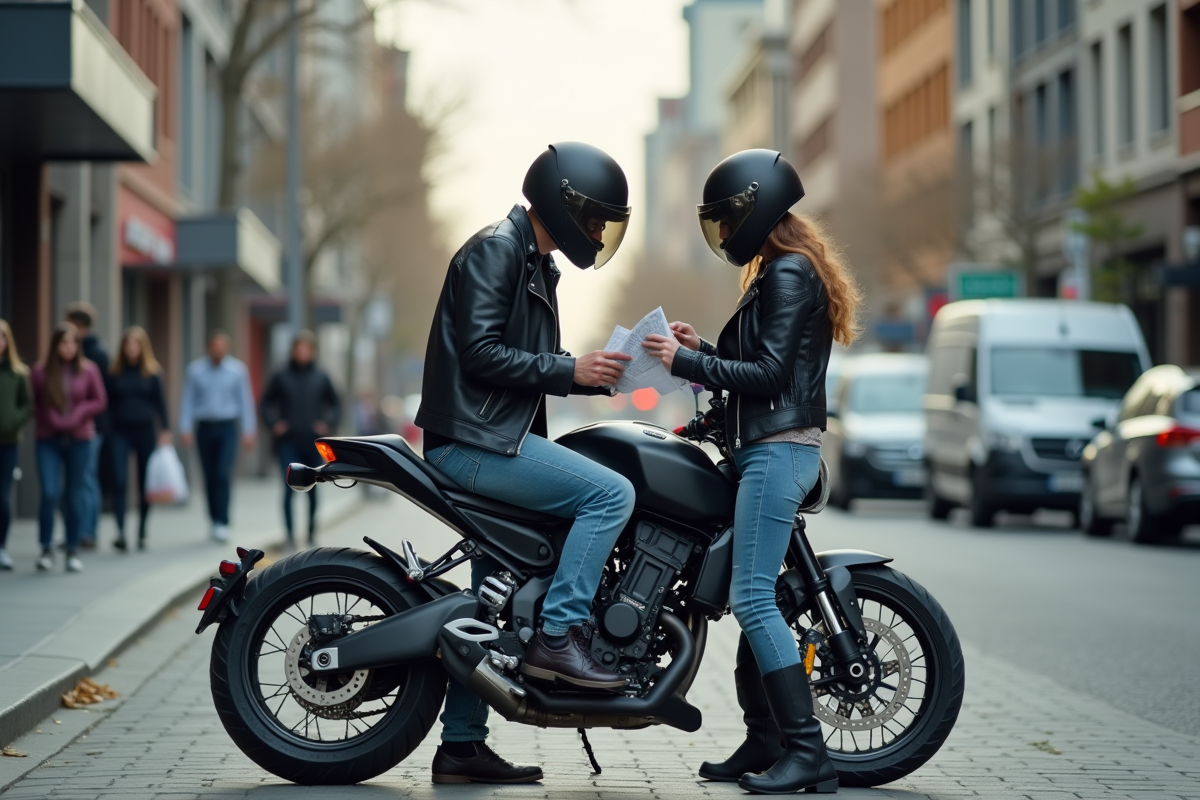 Jeunes adultes préparant une moto en ville