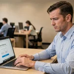 Homme au bureau frustré face à un problème de connexion sur son ordinateur portable