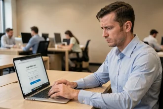 Homme au bureau frustré face à un problème de connexion sur son ordinateur portable