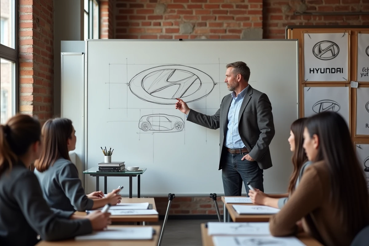 Professeur d'art expliquant la construction géométrique du logo Hyundai à des étudiants devant un tableau blanc en salle de classe