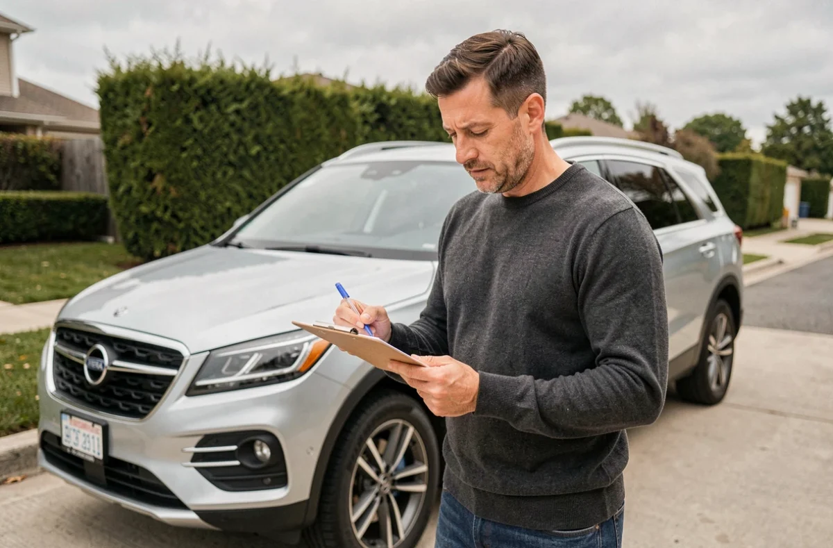 Propriétaire de véhicule consultant un carnet d'entretien pour optimiser la fiabilité de son moteur 2.0 BiTDI 240