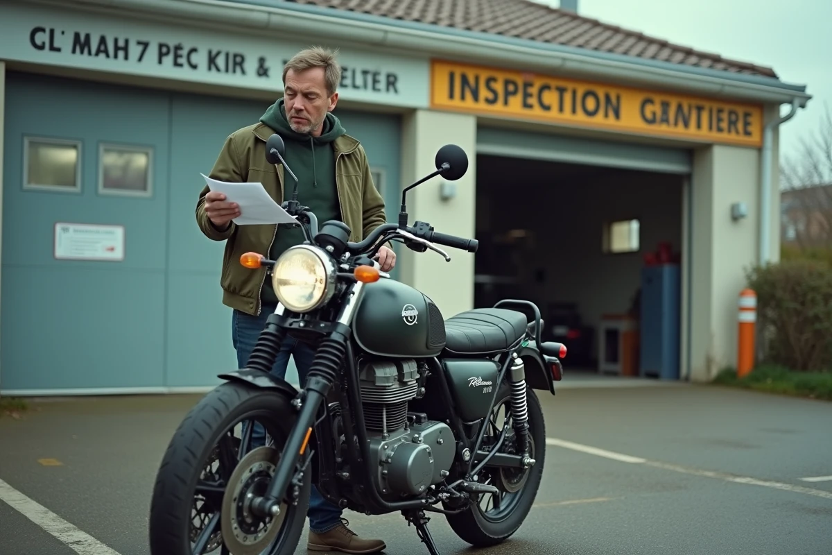 Propriétaire de moto consultant la liste des points de contrôle technique devant un centre agréé