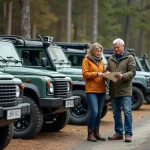 Homme et femme avec véhicules tout-terrain en forêt