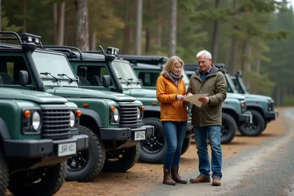 Homme et femme avec véhicules tout-terrain en forêt
