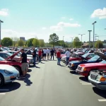 Rassemblement de voitures classiques et modernes dans un parking extérieur avec des passionnés d'automobiles réunis pour un événement du week-end