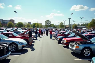 Rassemblement de voitures classiques et modernes dans un parking extérieur avec des passionnés d'automobiles réunis pour un événement du week-end