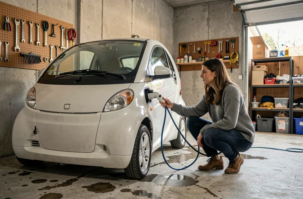 Femme chargeant une voiture sans permis électrique dans un garage résidentiel