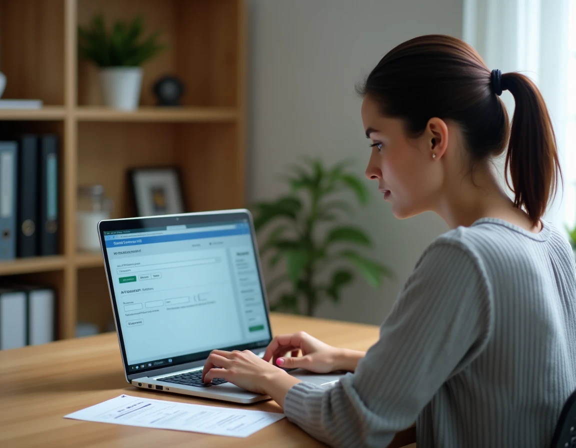 Femme recherchant la finition d'un véhicule via un site VIN gratuit sur ordinateur portable à domicile