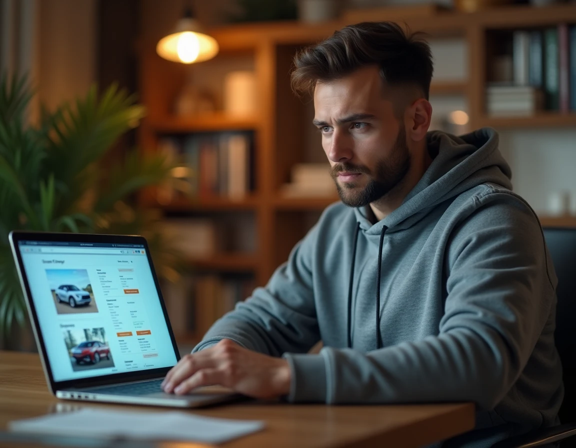 Un homme compare des annonces de voitures d'occasion entre particuliers et professionnels sur un site internet depuis son domicile