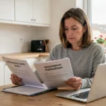 Femme comparant ses contrats d'assurance auto et habitation sur un ordinateur portable à la maison