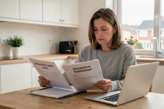Femme comparant ses contrats d'assurance auto et habitation sur un ordinateur portable à la maison