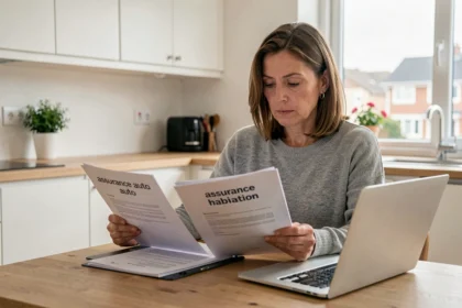 Femme comparant ses contrats d'assurance auto et habitation sur un ordinateur portable à la maison