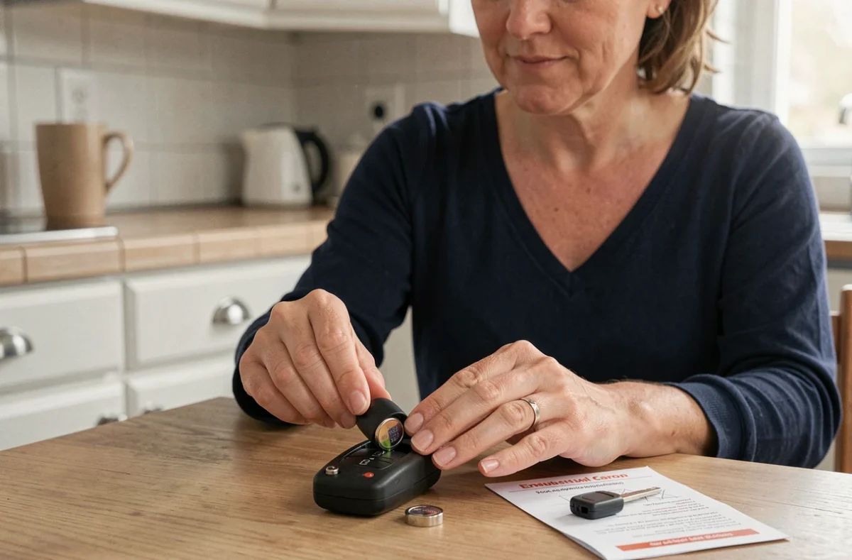 Femme remplaçant la pile de la clé Clio 4 à la table de cuisine