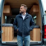 Homme examine l'intérieur d'un van aménagé en camping