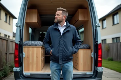 Homme examine l'intérieur d'un van aménagé en camping
