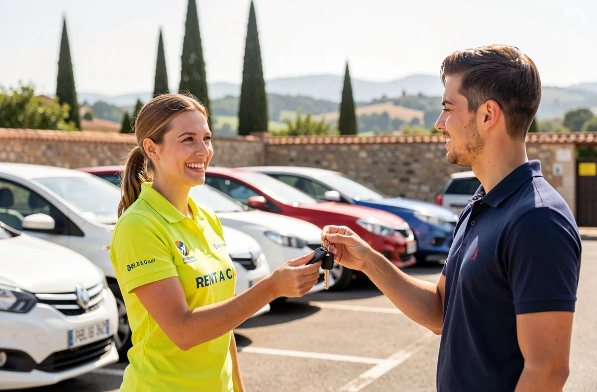 Agente Rent A Car en chemise brandée remettant des clés à un client devant des véhicules économiques sur un parking ensoleillé d'Aix-en-Provence