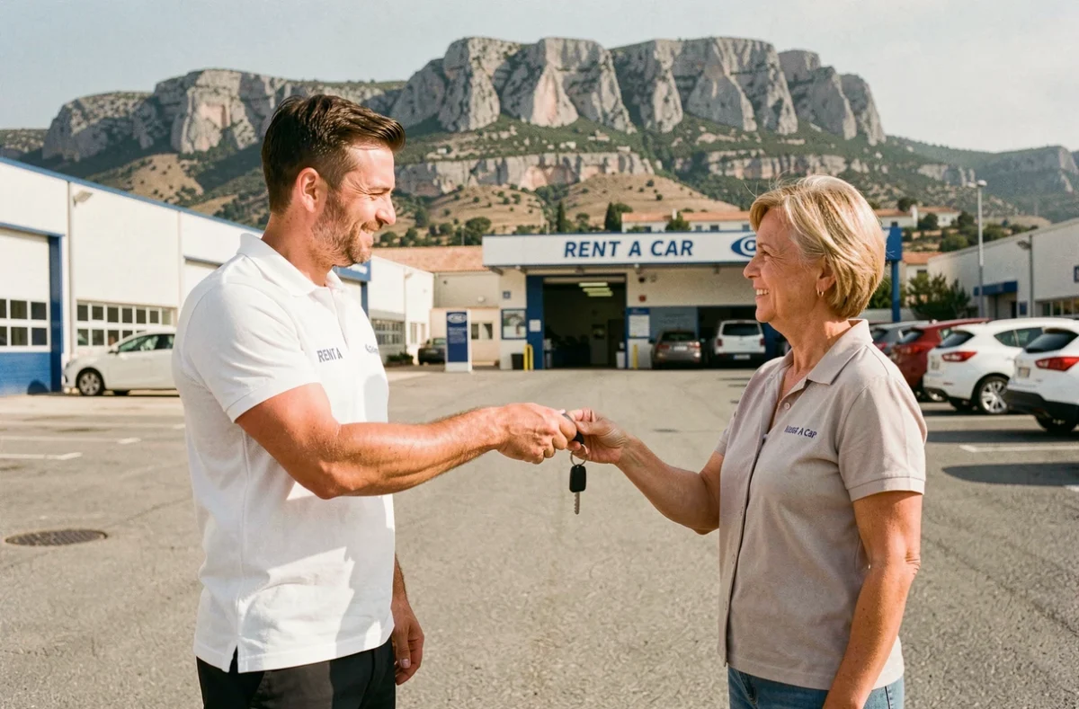 Employé Rent A Car Aubagne remettant des clés à une cliente devant l'agence avec le massif du Garlaban visible en arrière-plan