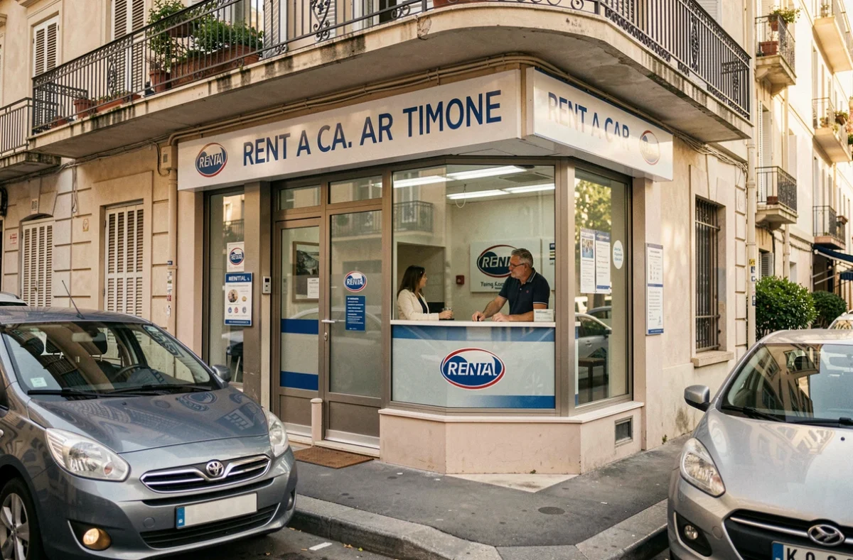 Agence Rent A Car proche du quartier Timone à Marseille avec son comptoir d'accueil visible depuis la rue