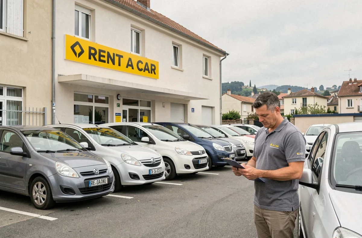 Agence Rent A Car à Roanne avec enseigne jaune, parking de véhicules et employé inspectant une voiture avec un formulaire