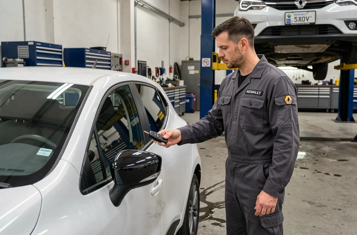Mécanicien testant la reprogrammation d'une clé Clio 4 en atelier automobile