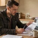 Homme consultant un document de résiliation d'assurance moto à la maison