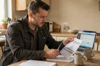 Homme consultant un document de résiliation d'assurance moto à la maison