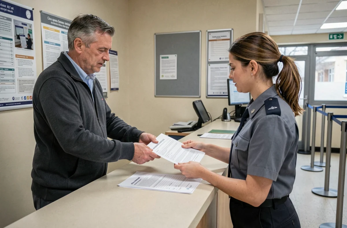 Homme déposant un dossier de carte grise en retard au guichet d'un bureau administratif