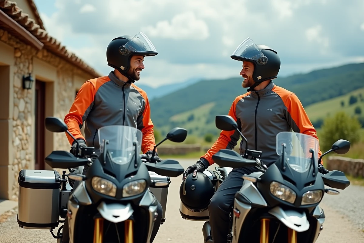 Deux amis motards prêts pour un road trip en moto à louer, idée cadeau expérience voyage moto