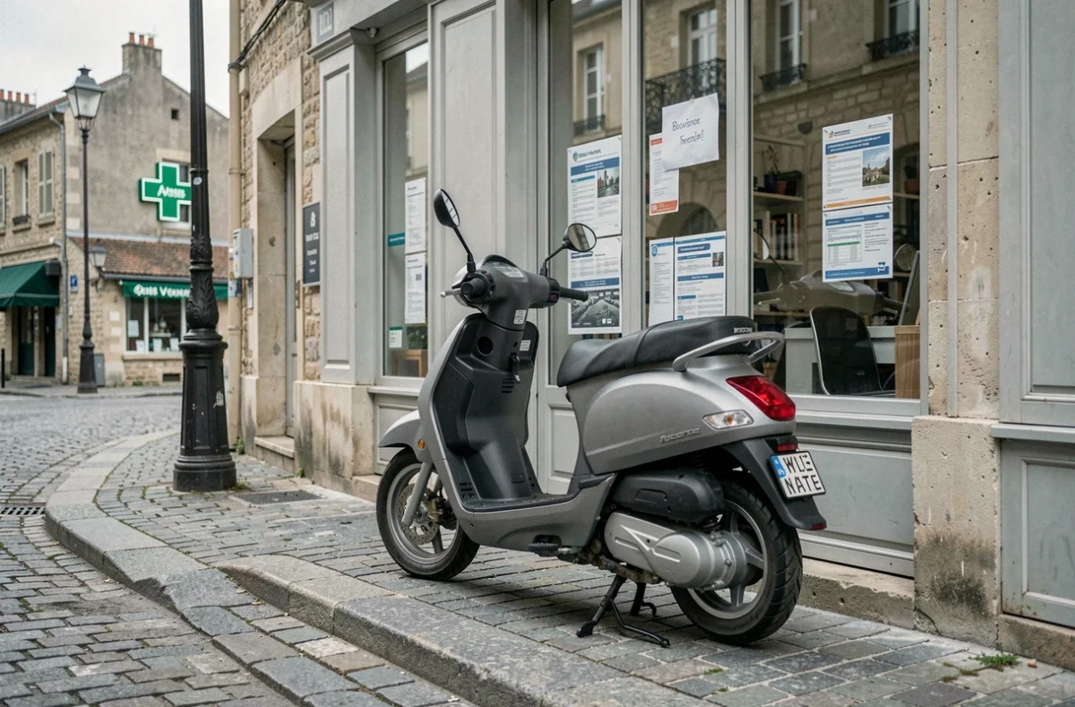 Scooter 50 cm3 garé devant une agence d'assurance moto en ville de province en France