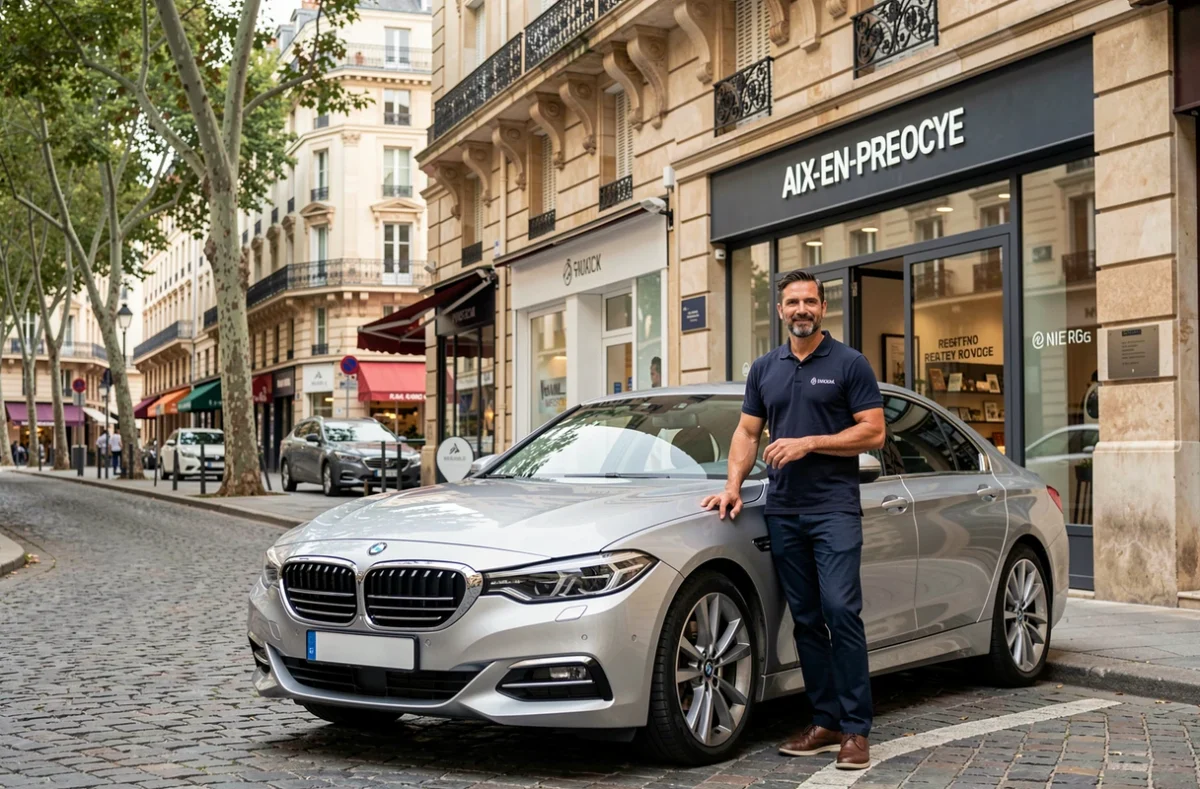 Employé Sixt en polo brandé debout à côté d'une berline argentée devant une agence moderne sur une rue pavée d'Aix-en-Provence