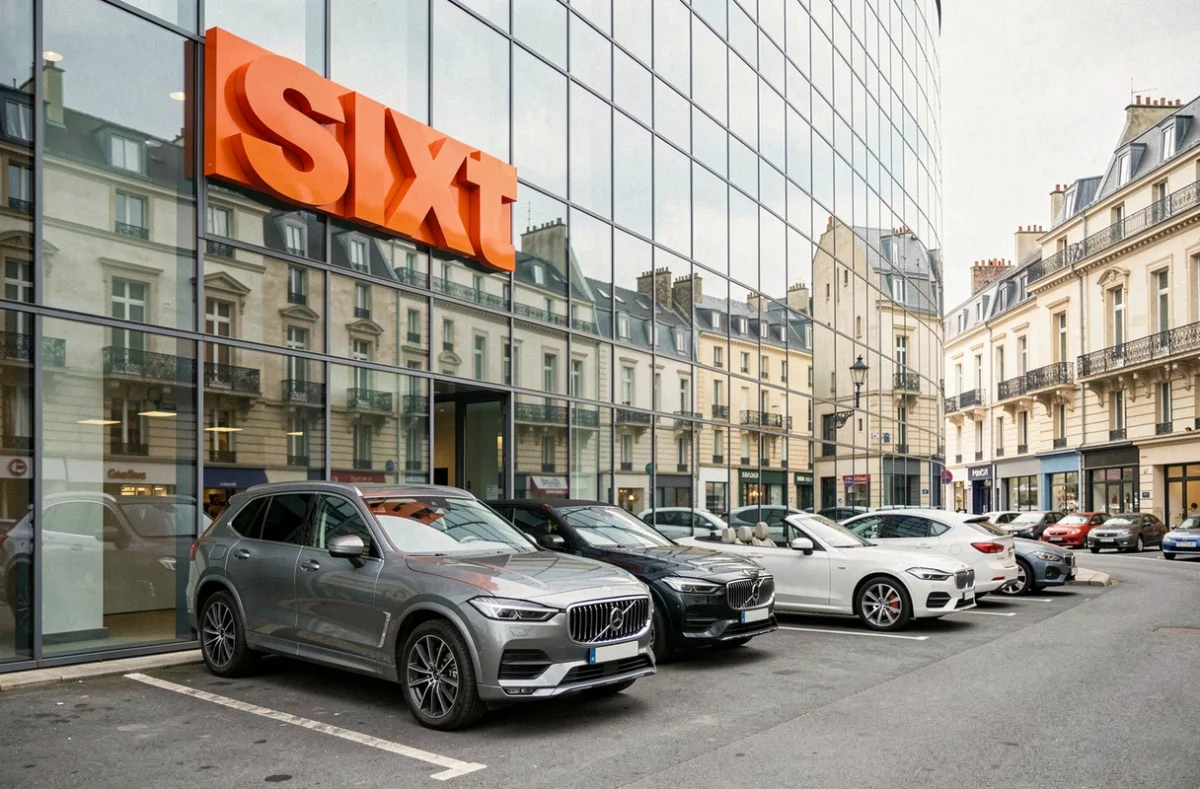 Façade moderne de l'agence Sixt à Saint-Étienne avec enseigne orange et flotte de véhicules premium garés devant