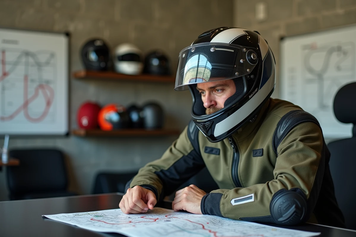 Motard étudiant un plan de circuit lors d'un stage de pilotage moto, cadeau expérience piste