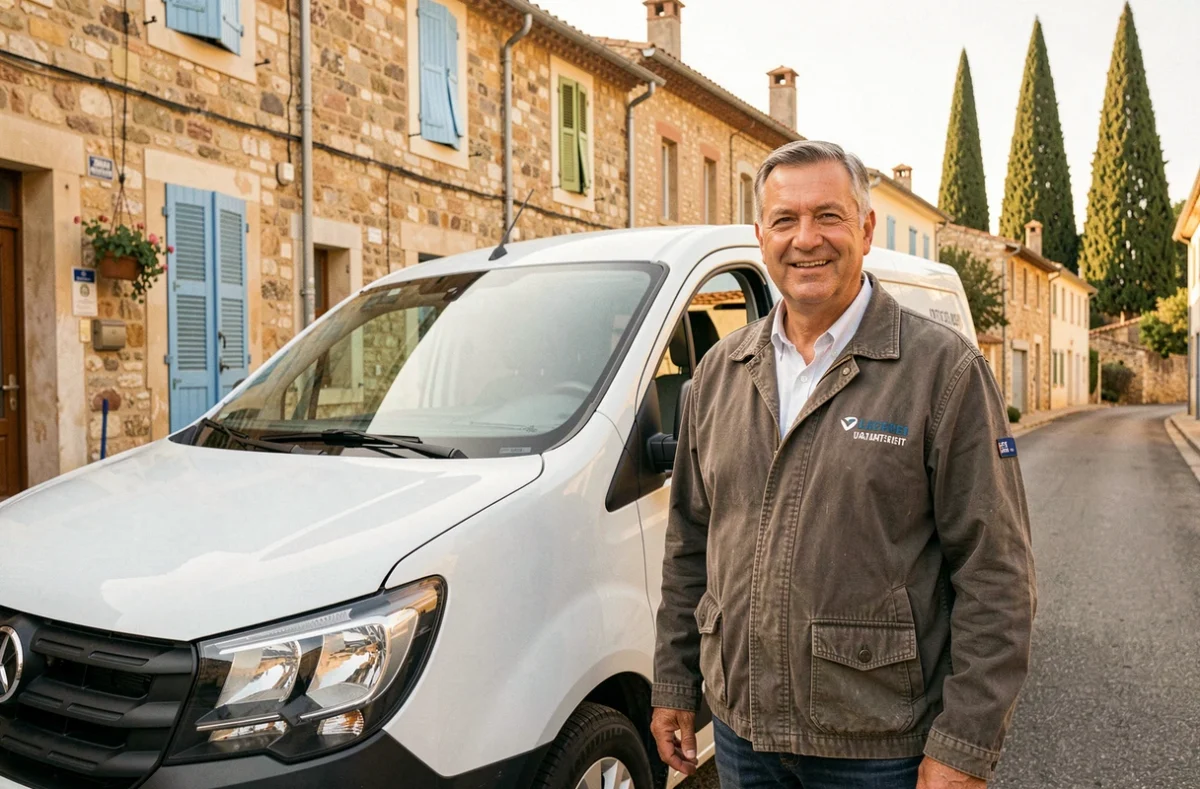 Agent Sud Rent à Châteaurenard debout devant un utilitaire blanc dans une rue provençale avec des bâtiments en pierre en arrière-plan