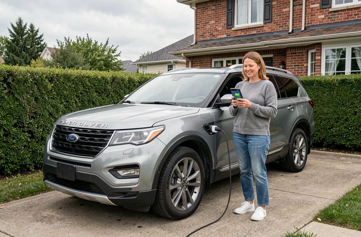 Femme consultant une application de surveillance de batterie sur smartphone devant un SUV connecté en charge de maintien dans une allée résidentielle