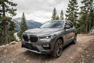 SUV moderne garé en altitude avec panorama montagneux en arrière-plan, vue trois-quarts avant