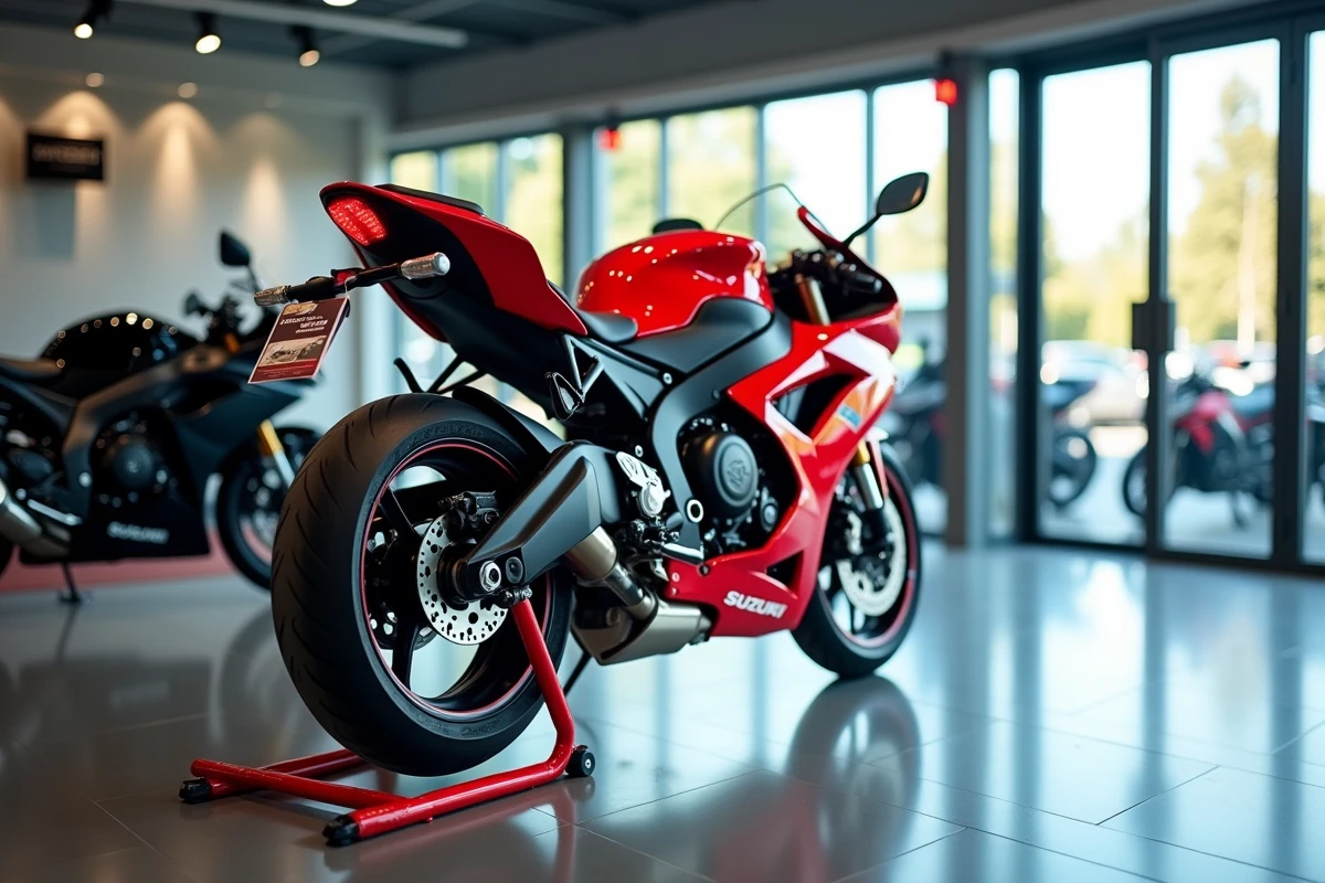 Suzuki GSX-R 600 exposée dans une concession moto avec affichage de prix en showroom