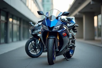 Suzuki GSX-R 600 garée en milieu urbain, vue trois quarts avant sur carénage bleu et blanc