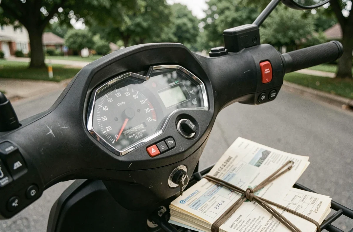 Gros plan sur le tableau de bord d'un scooter avec documents d'assurance visibles, symbolisant les démarches administratives pour assurer un deux-roues
