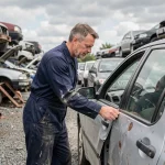 Technicien automobile inspectant une pièce de carrosserie dans une casse auto à Plan de Campagne